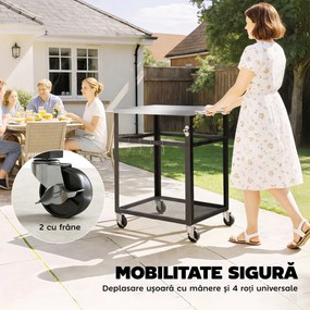 Outsunny Troller pentru Grătar de Exterior cu Blat din Oțel Inoxidabil, 4 Cârlige, Mâner și Roți Blocabile, Negru | Aosom Romania