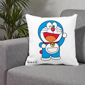 Perna Personalizata Doraemon Salutand, 40x40 cm, Alba Mata, Husa Detasabila, Perna Inclusa, BEKZ®