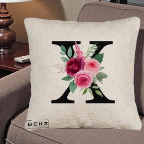 Cadou Personalizat - Perna Personalizata Monograma Florala Litera X cu Buchet, 40x40 cm, Bej Canapea, Husa Detasabila, Perna Inclusa, BEKZ®
