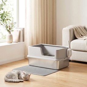 PawHut Litieră pentru Pisici xl cu Covoraș, Tavă din Oțel Inoxidabil, Lopățică, Perie, Până la 8 Kg, Gri Deschis | Aosom Romania