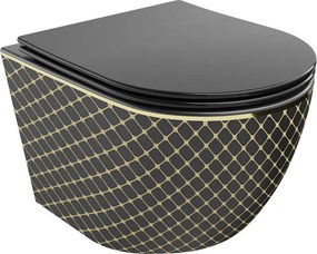 Mexen Lena vas de toaletă WC Rimless cu capac cu cădere lentă slim, duroplast, negru mat/model cu carouri aurii - 30224079
