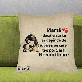Cadou pentru Mama - Perna Personalizata Mama Nemuritoare Aproape de Bebe, 40x40 cm, Crem, Husa Detasabila, Perna Inclusa, BEKZ®