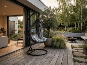 Scaun negru suspendat KOKON cu suport, perna verde-alb