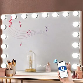 Oglindă cosmetică HANSONG, 18 becuri LED, Bluetooth, Difuzor, încărcare USB, 3 moduri iluminare, montare pe masă sau pe perete, 80x58 cm