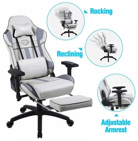 DOWINX Scaun gaming, ergonomic, pernă lombară cu masaj, suport pentru picioare, piele PU matlasata, respirabila, cotiere 4D, rezistent 150 kg, Gri