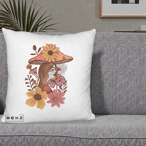 Perna Decorativa Fata Ciuperca Florala Boho, 40x40 cm, Alb Pufos, Husa Detasabila, Perna Inclusa, BEKZ®