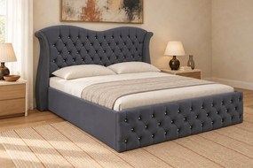 Pat tapițat Chesterfield Avella 180×200 cm, gri închis, cu ladă de depozitare