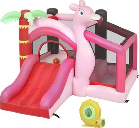 AIYAPLAY Castel Gonflabil pentru Copii 4 în 1, Tobogan, Trambulină, Piscină cu Bile, Coș de Baschet, Mingi de Baschet, Tematică Flamingo, Ventilator, Geantă de Transport, Interior Exterior, 255x230x196cm, Roz | Aosom Romania