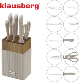 Set cuțite Klausberg KB 7984, 8 piese, Oțel inoxidabil, Ascuțitor, Mâner lemn de salcâm, Bej/lemn