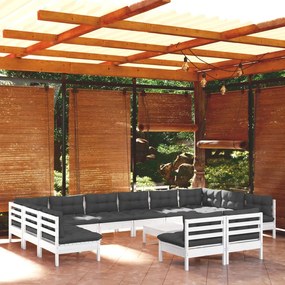 3097230 vidaXL Set mobilier de grădină cu perne, 13 piese, alb, lemn masiv pin