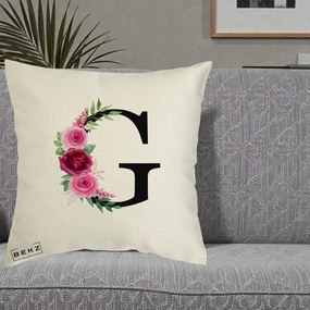 Cadou Personalizat - Perna Personalizata Monograma Florala Litera G, 40x40 cm, Ecru, Husa Detasabila, Perna Inclusa, BEKZ®