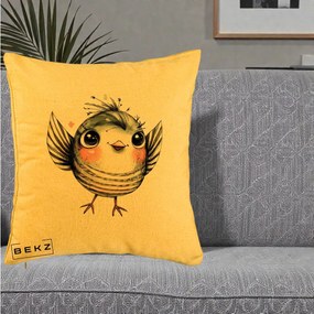 Perna Decorativa Pasare Gri cu Aripi si Inimioare, 40x40 cm, Galben, Husa Detasabila, Perna Inclusa, BEKZ®