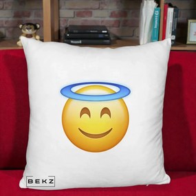 Perna Decorativa Emoji Inger cu Aureola, 40x40 cm, Alb Pufos, Husa Detasabila, Perna Inclusa, BEKZ®