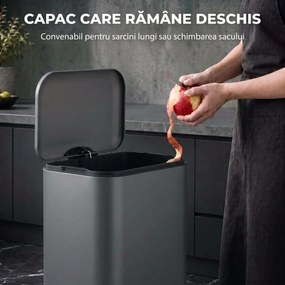 HOMCOM Coș de gunoi dreptunghiular cu pedală 30L, cu găleată interioară detașabilă, închidere silențioasă, mâner, gri închis | Aosom Romania