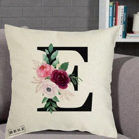 Cadou Personalizat - Perna Personalizata Monograma Florala Litera E, 40x40 cm, Ecru, Husa Detasabila, Perna Inclusa, BEKZ®