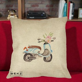 Perna Decorativa Scuter Albastru cu Flori Acuarela, 40x40 cm, Crem, Husa Detasabila, Perna Inclusa, BEKZ®
