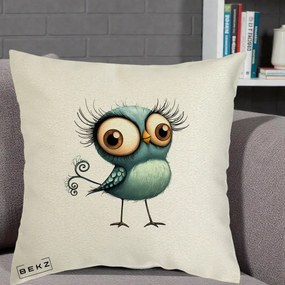 Perna Decorativa Pasare Teal cu Gene si Coada Spiralata, 40x40 cm, Ecru, Husa Detasabila, Perna Inclusa, BEKZ®