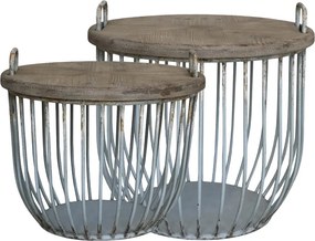 Set 2 măsuțe de cafea rotunde din lemn de chiparos și metal, natur și opal, cu structură tip coș, finisaj antichizat, 48 x 57 cm, „Antique Opal”