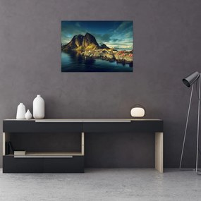Tablou pe sticlă cu sat de pescari din Norvegia (70x50 cm)