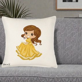 Perna Decorativa Printesa Bella Rochie Aurie, 40x40 cm, Crem Reliefat, Husa Detasabila, Perna Inclusa, BEKZ®