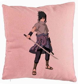 Perna Decorativa cu Nsruto Sasuke, 40x40 cm, Roz, Husa Detasabila, Burduf