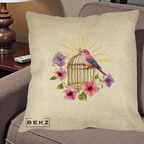 Perna Decorativa Pasare Roz pe Colivie Aurie cu Flori, 40x40 cm, Crem, Husa Detasabila, Perna Inclusa, BEKZ®