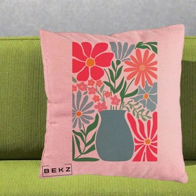 Perna Decorativa Flori in Vaza Turcoaz, 40x40 cm, Roz, Husa Detasabila, Perna Inclusa, BEKZ®