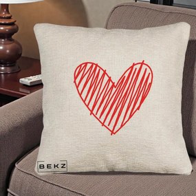 Perna Decorativa Inima Rosie Desen Manual, 40x40 cm, Bej Canapea, Husa Detasabila, Perna Inclusa, BEKZ®