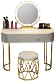 Set Lisa, Masă de toaletă pentru machiaj cu oglindă iluminată LED, control touch, sertar, taburet tapitat, Gri, 100x40x75 cm