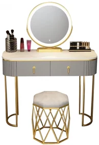 Set Lisa, Masă de toaletă pentru machiaj cu oglindă iluminată LED, control touch, sertar, taburet tapitat, Gri, 100x40x75 cm