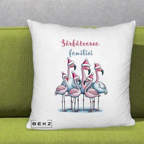 Perna Decorativa Flamingo Craciun Sarbatoarea Familiei, 40x40 cm, Alb Pufos, Husa Detasabila, Perna Inclusa, BEKZ®