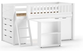 Pat pentru copii alb înalt din lemn de pin cu spațiu de depozitare cu somieră 90x200 cm Scott – Vipack