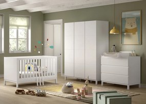 Set Complet Cameră Copii EVA: Pătuț Transformabil 70x140 cm, Comodă cu 3 Sertare, Masă de Înfășat și Dulap 3 Uși, Alb – Vipack
