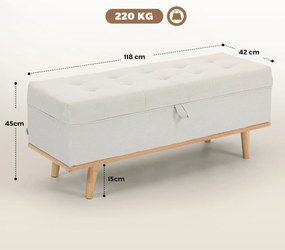 HOMCOM Taburet depozitare 80L, material textil, picioare lemn, 118x42x45 cm, crem | Aosom Romania