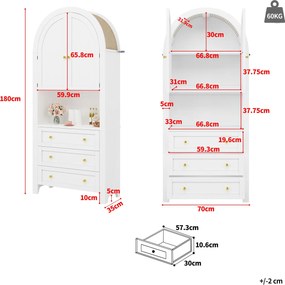Dulap de depozitare înalt cu arc, cu 3 sertare, uși și compartiment deschis pentru expunere, pentru bucătărie și living, 70x35x180 cm, Alb