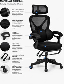 RESIGILAT- ELITE PRO 870BK – Scaun Ergonomic Premium, Mesh Respirabil, Tetieră Reglabilă, Suport Lombar, Suport pentru Picioare Retractabil, Funcție Recliner, Reglaj pe Înălțime, Negru