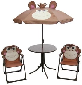 Set mobilier gradina/terasa pentru copii, pliabil, maro, model maimuta, 1 masa cu umbrela, 2 scaune, Melisenda