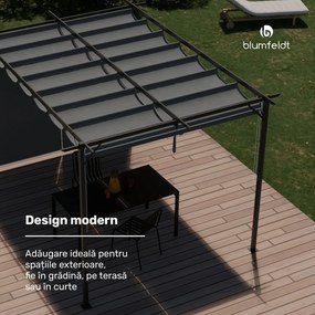 Blumfeldt Pantheon Robust Pergola, 3x4 m Oțel vopsit în câmp electrostatic, rezistent la intemperii, cu rulouri laterale.