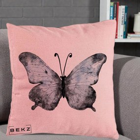 Perna Decorativa Fluture Acuarela Albastru-Gri, 40x40 cm, Roz, Husa Detasabila, Perna Inclusa, BEKZ®