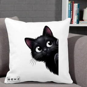 Perna Decorativa Pisica Neagra Dragalasa Curioasa, 40x40 cm, Alba Mata, Husa Detasabila, Perna Inclusa, BEKZ®