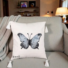 Perna Decorativa Fluture Acuarela Albastru-Gri, 40x40 cm, Bej cu Franjuri, Husa Detasabila, Perna Inclusa, BEKZ®