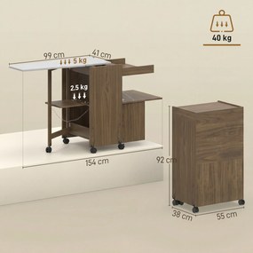 HOMCOM Dulap Masă de Călcat Pliabil cu Roți și Suport pentru Fier de Călcat, Dulap Multifuncțional cu Rafturi, Compartiment Deschis, pentru Spălătorie, Baie, 154x55x87 cm, Maro | Aosom Romania