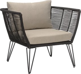Fotoliu de exterior, negru, din metal, cu perne bej incluse, Mundo