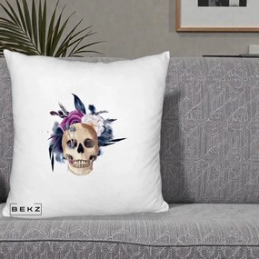 Perna Decorativa Craniu Floral cu Trandafiri si Ciuperci, 40x40 cm, Alb Pufos, Husa Detasabila, Perna Inclusa, BEKZ®