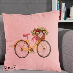 Perna Decorativa Bicicleta Galbena cu Cos de Flori Primavara, 40x40 cm, Roz, Husa Detasabila, Perna Inclusa, BEKZ®