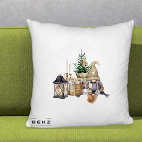 Perna Decorativa Gnom Scandinav cu Felinar, 40x40 cm, Alb Pufos, Husa Detasabila, Perna Inclusa, BEKZ®