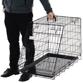 PawHut Cușcă de Transport pentru Câini, Metal și PP, Formă Trapezoidală pentru Mașină, cu Mâner, 76x48x55cm, Negru | Aosom Romania