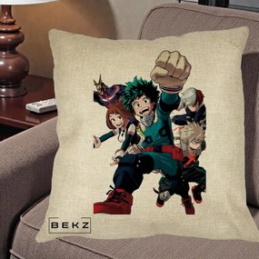 Perna Personalizata My Hero Academia Izuku Deku si Echipa, 40x40 cm, Crem, Husa Detasabila, Perna Inclusa, BEKZ®