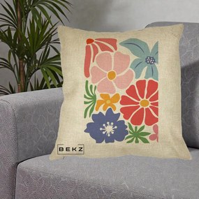 Perna Decorativa Flori Grafice Roz-Rosu-Albastru, 40x40 cm, Crem, Husa Detasabila, Perna Inclusa, BEKZ®