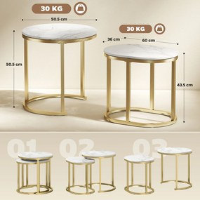 HOMCOM Set 2 Măsuțe de Cafea cu Blat cu Efect de Marmură din MDF și Oțel, Ø50x50.5 cm și 60x36x43.5 cm, Alb și Auriu | Aosom Romania